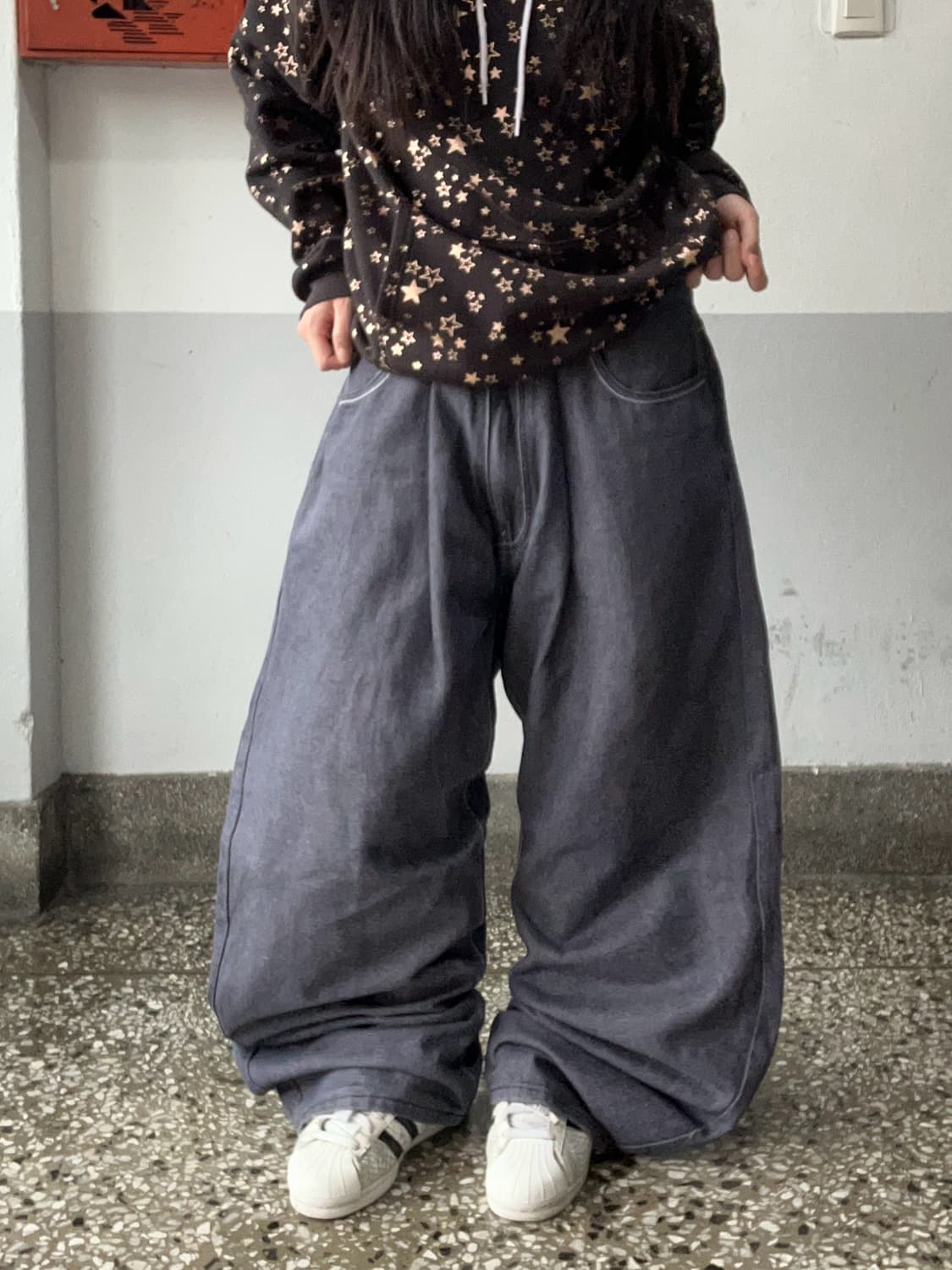 90s 흑청 코코아 자수 데님 힙합 와이드팬츠 상품이미지2