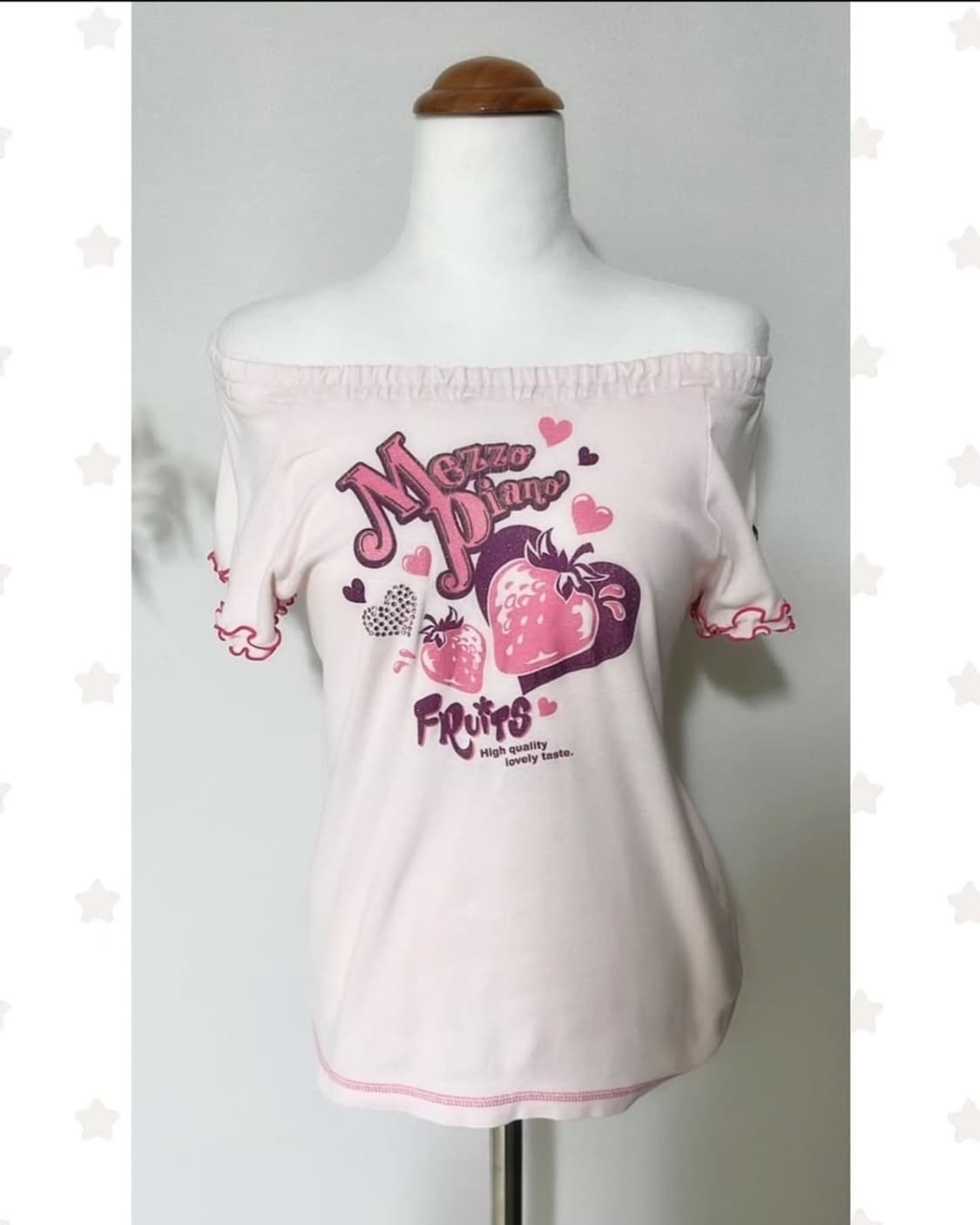 메조피아노 딸기 프린팅 글리터 오프숄더 반팔 조지후쿠 헤이세이 데코라 탑 상품이미지2