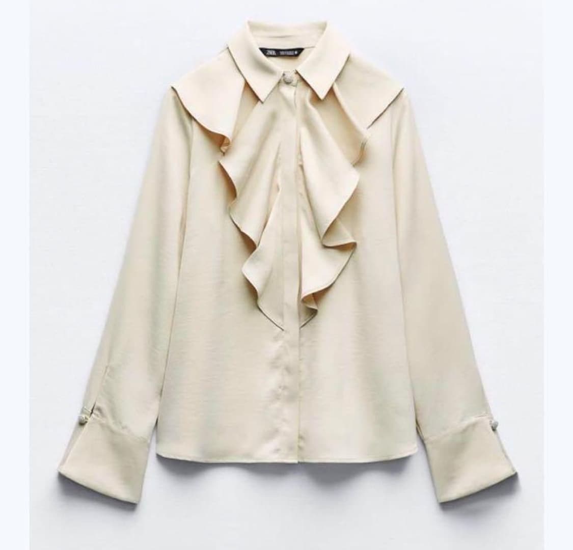 ZARA 자라 웨스턴 프릴 러플 쉬폰 실크 크림 블라우스 셔츠 s 상품이미지3