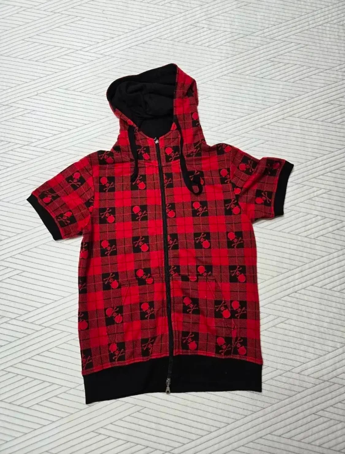 펑크 해골 반팔 후드 집업 캐캐체 레드블랙 체크 빈티지 y2k 상품이미지1