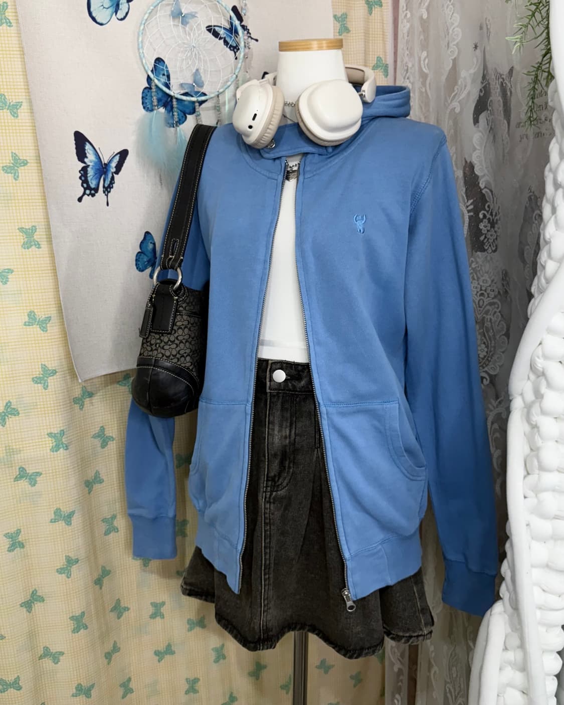 하늘색 넥 버튼 후드 집업 상품이미지5