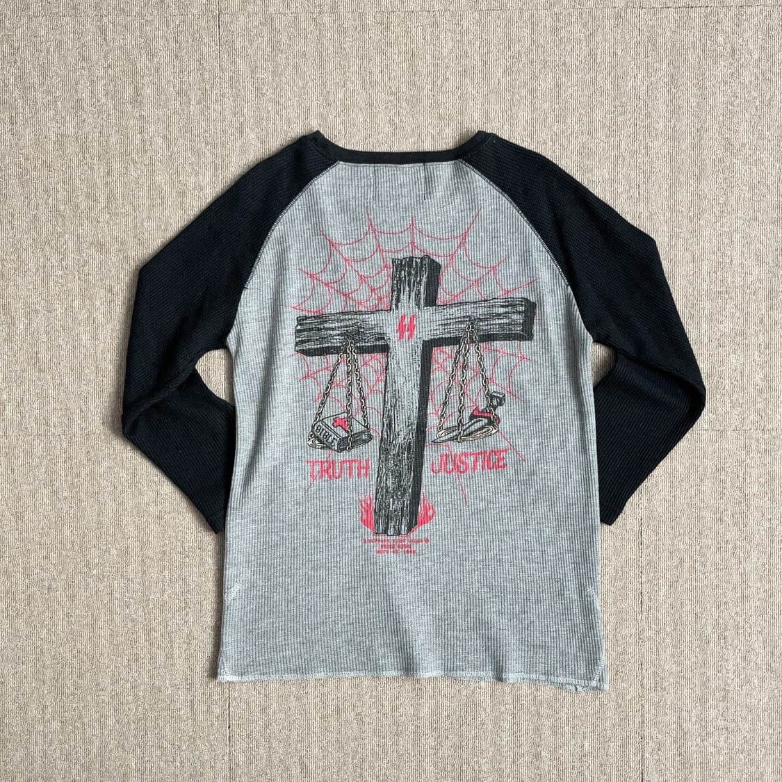 스컬 플라이트 십자가 그래픽 써멀 와플 티셔츠 슬리브 상품이미지1