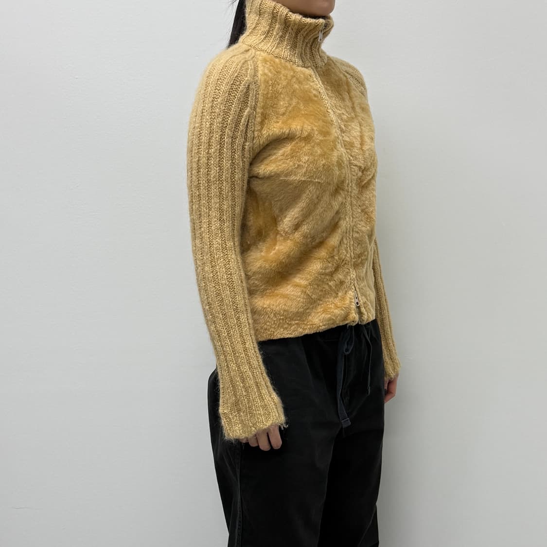 High neck fur panel knit jacket 상품이미지2