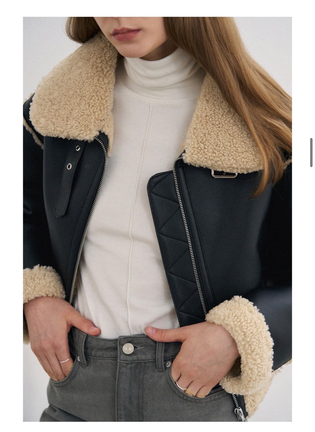 (새상품)(M) 드로우핏 우먼 시어링 크롭 무스탕 자켓 BLACK 판매 상품이미지5