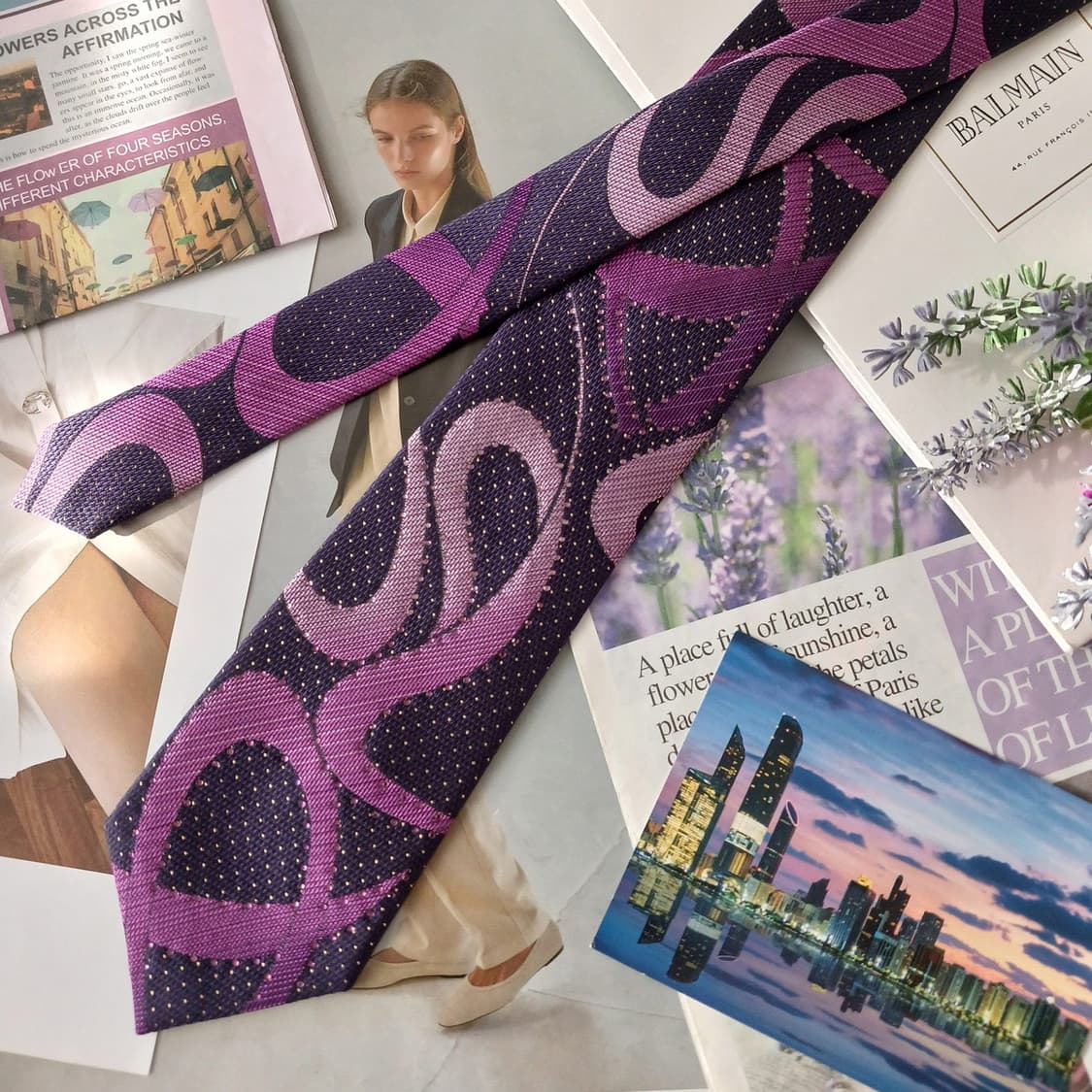 피에르 발망 실크 퍼플 기하 패턴 넥타이 8.6cm A+등급 A19363 상품이미지3
