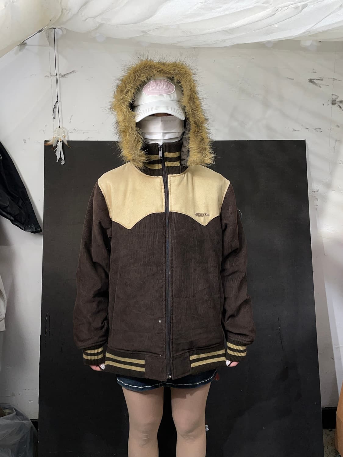 일본빈티지 CRU 울프죠 퍼 후드 브라운 패딩 크롭 자켓 M 상품이미지2