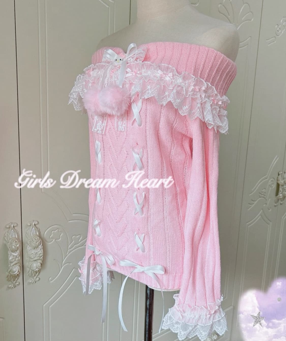 💗 헬로키티 핑크 오프숄더 갸루 캐캐체깔 니트 상품이미지7