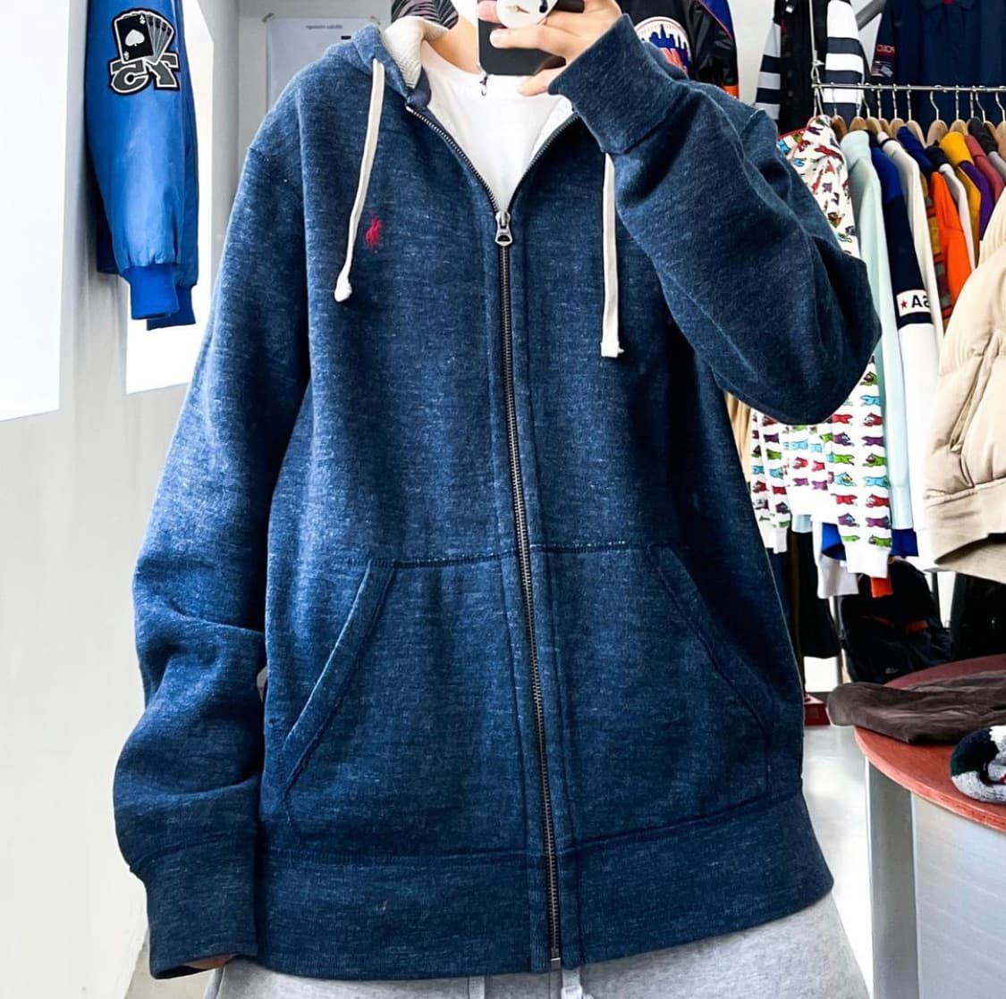 폴로 랄프로렌 신형 포니 멜란지 네이비 써멀 후드집업 상품이미지1