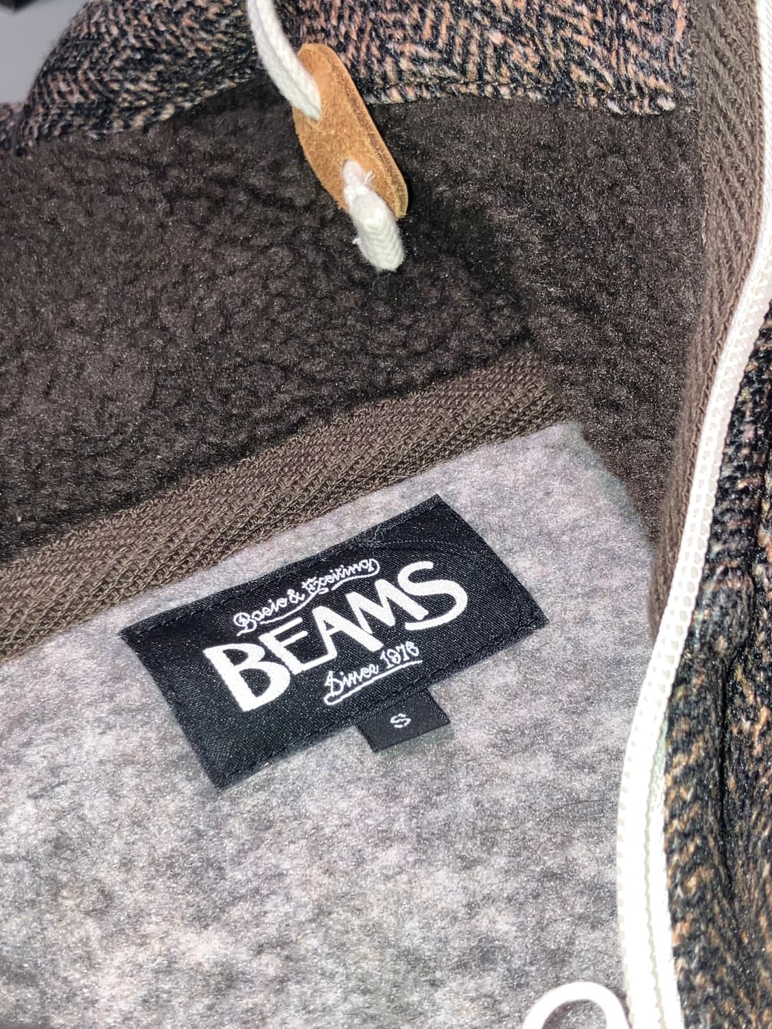 Beams 브라운 헤링본 플리스 후드 토글 자켓 S 상품이미지6