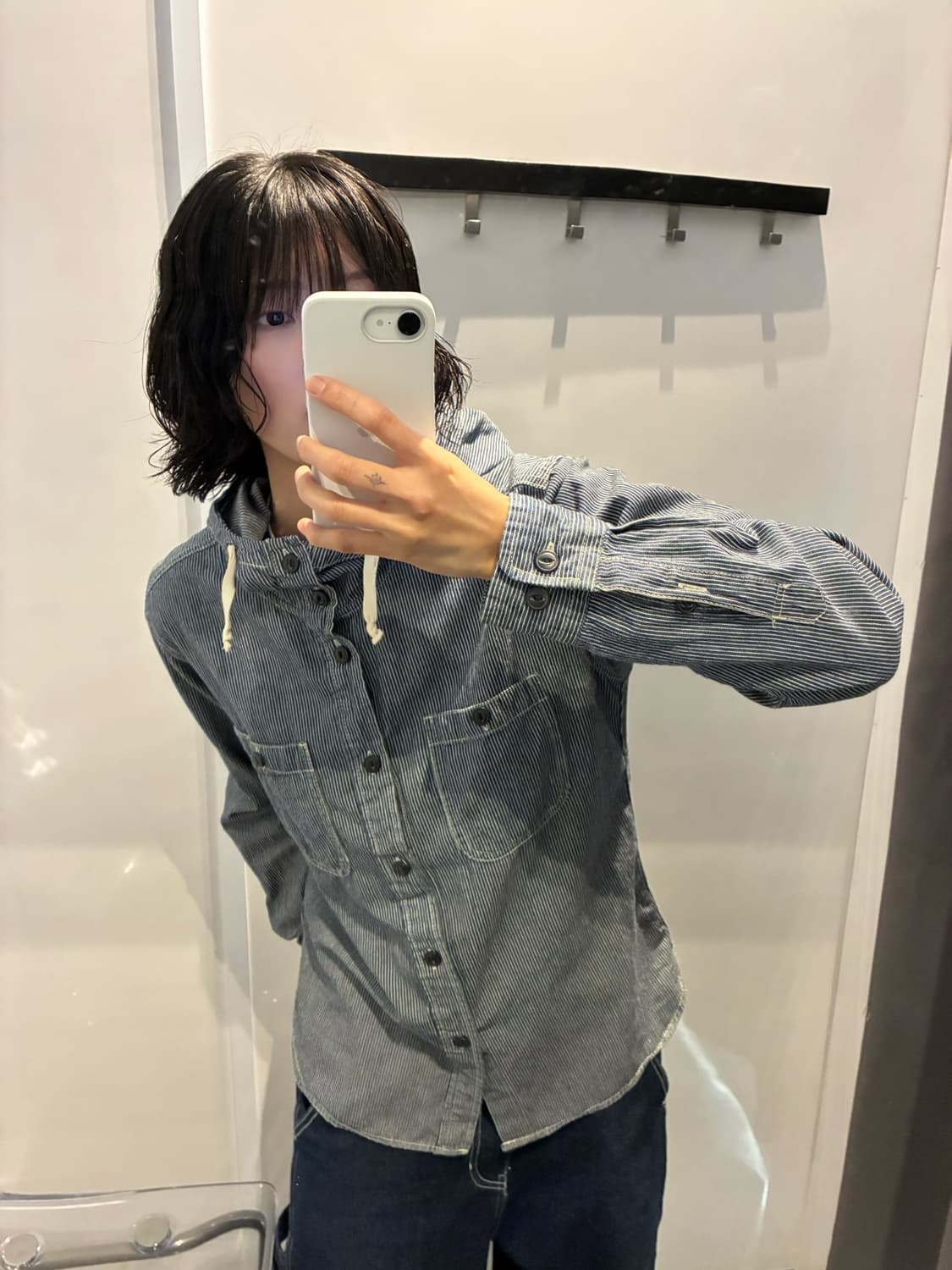 빈티지 후드 버튼업 셔츠 히코리 스트라이프 패턴 디테일 블루 상품이미지1