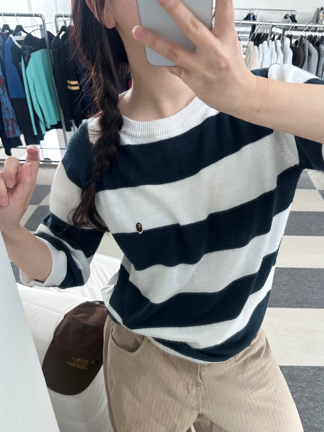 베이프 스트라이프 미니사루 7부 니트  상품이미지2