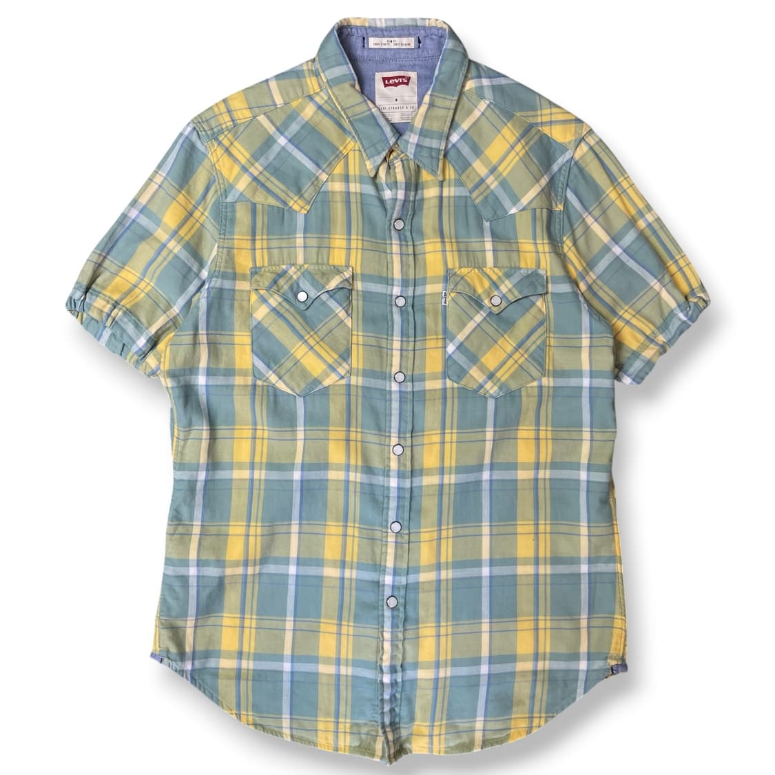 리바이스 옐로우그린 체크 코튼 반팔 셔츠 M 상품이미지1