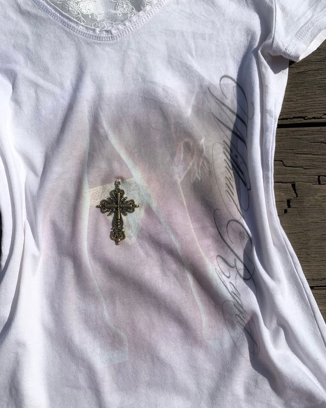 빈티지 크로스 펜던트 프린팅 반팔 탑 상품이미지2