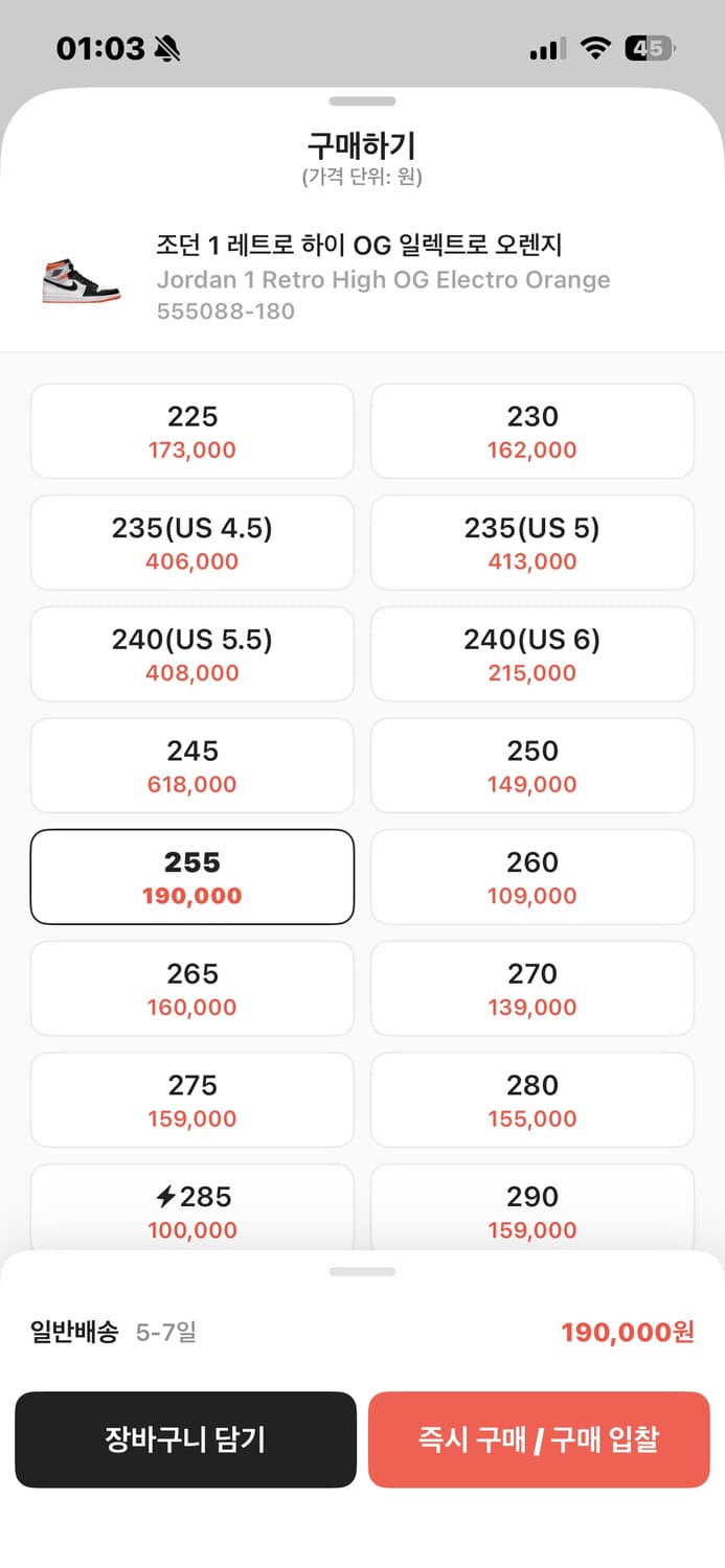 조던 1 레트로 하이 OG 일렉트로 오렌지 255 상품이미지9