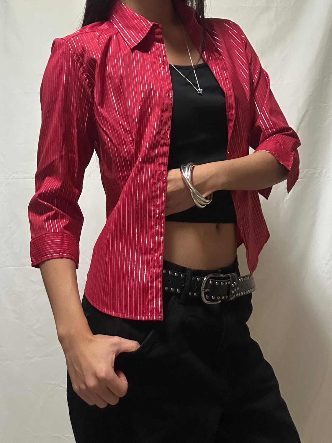 빈티지 레드 스트라이프 폴리 나일론 7부 셔츠 상품이미지4