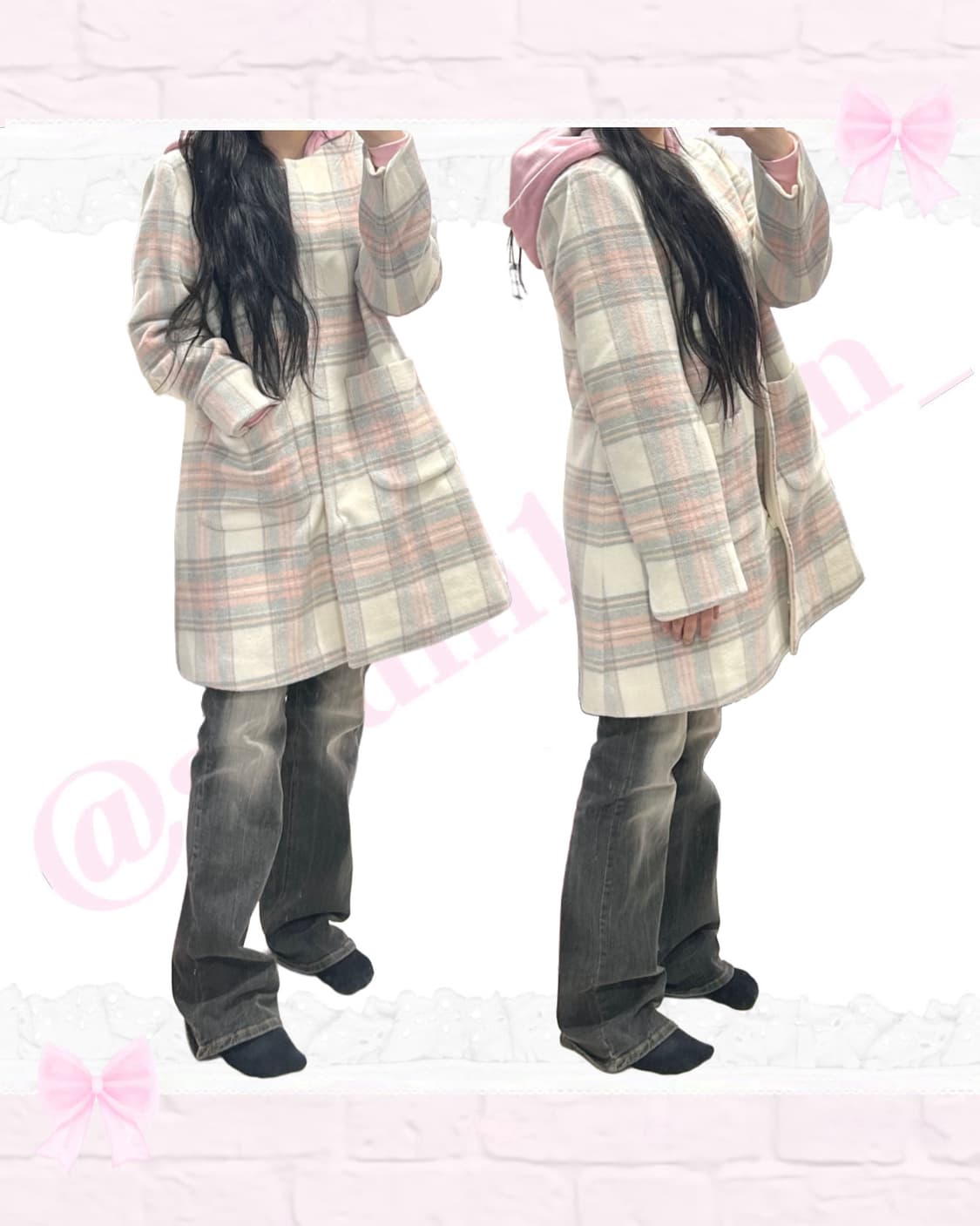 [울65%] 로엠 겨울체크 수지코트 퍼 탈부착 상품이미지2