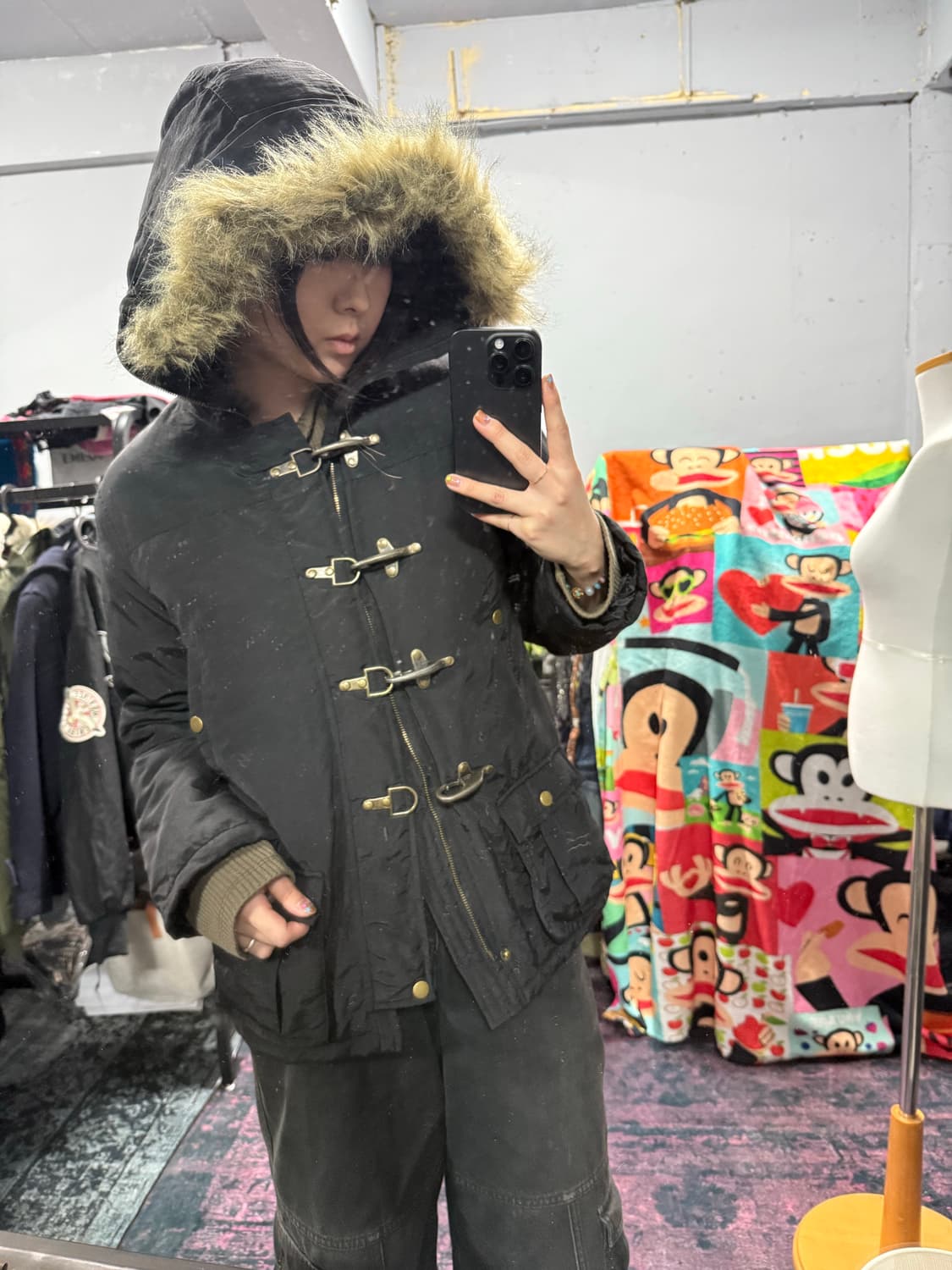 y2k 빈티지 더플 롱파카 블랙 후드퍼 코트 상품이미지5