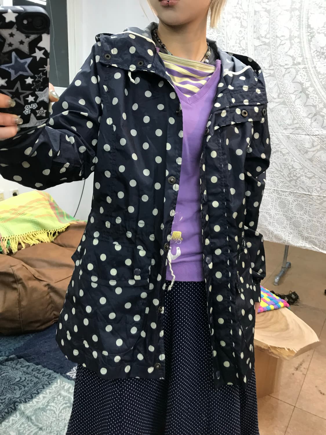 후아유 도트 홑겹 롱 바람막이 자켓  상품이미지2