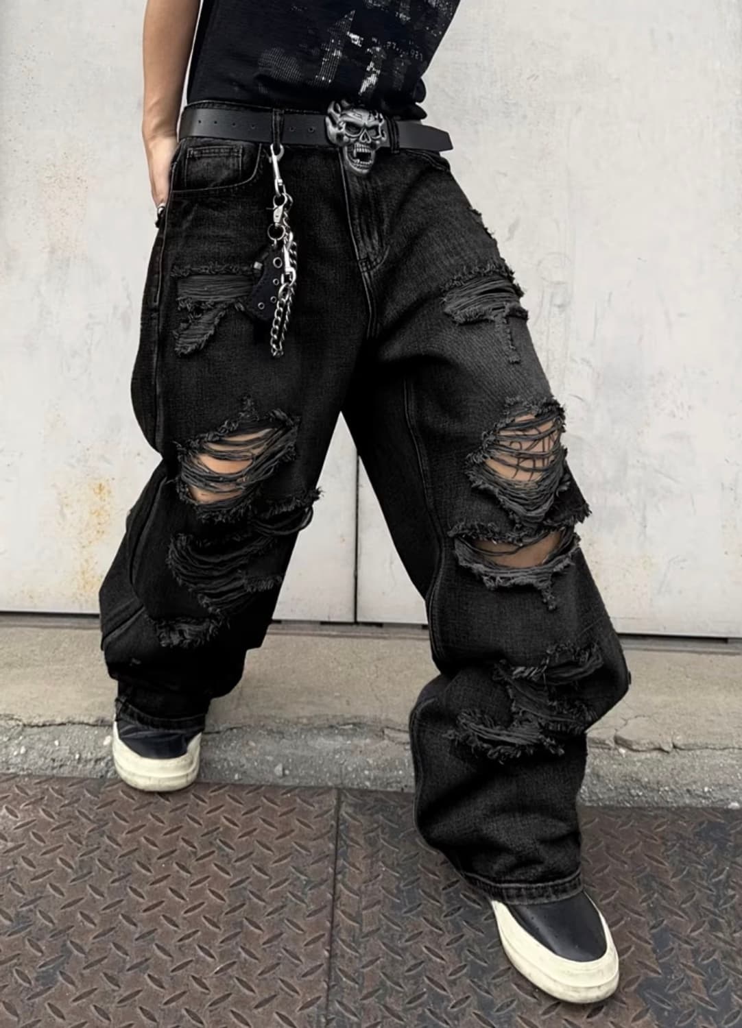 (Unisex) y2k 블랙 세미와이드 디스트로이드 루즈 데님 상품이미지1