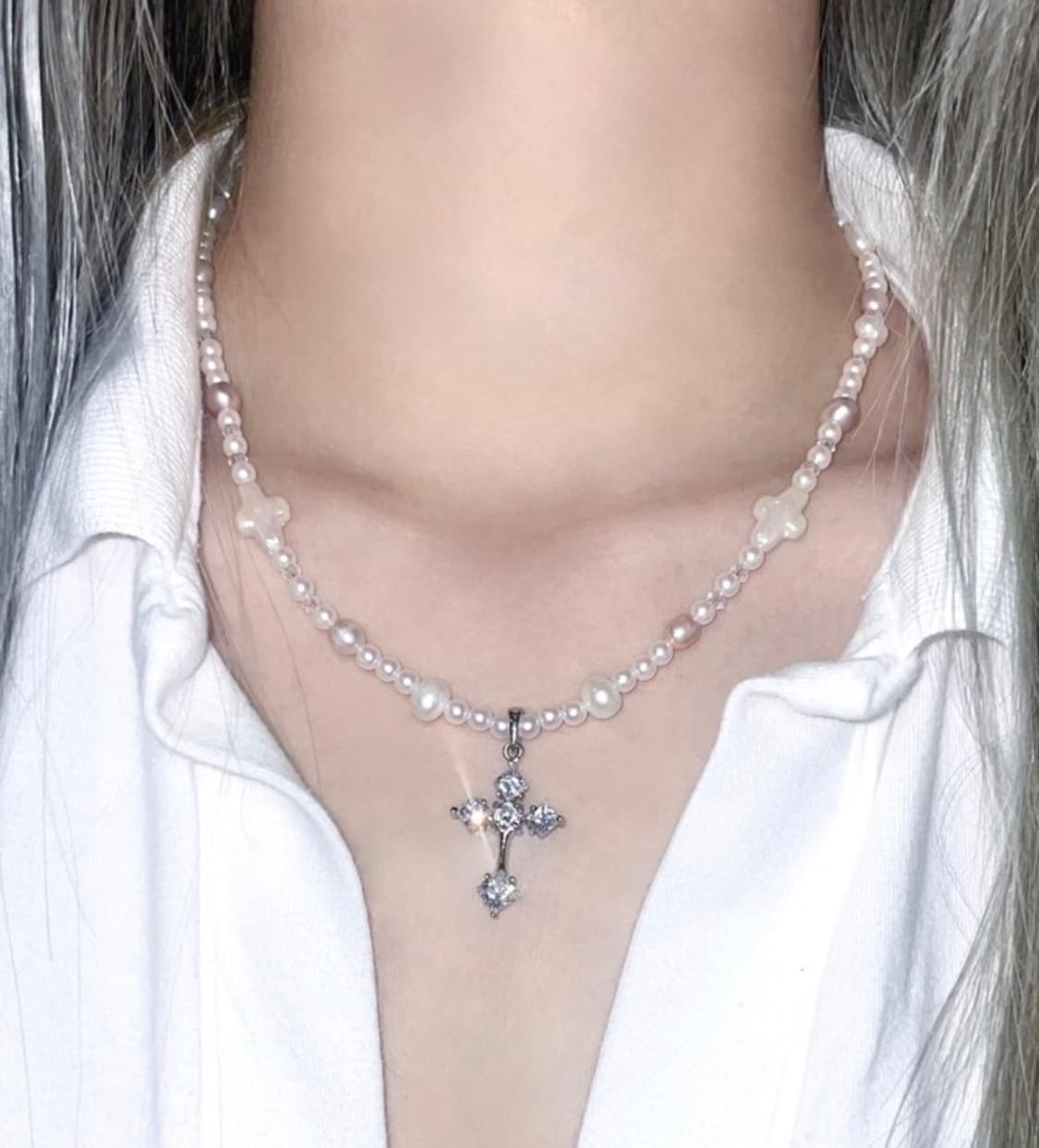 에스투에스 s2002tears 십자가 진주 목걸이 상품이미지1