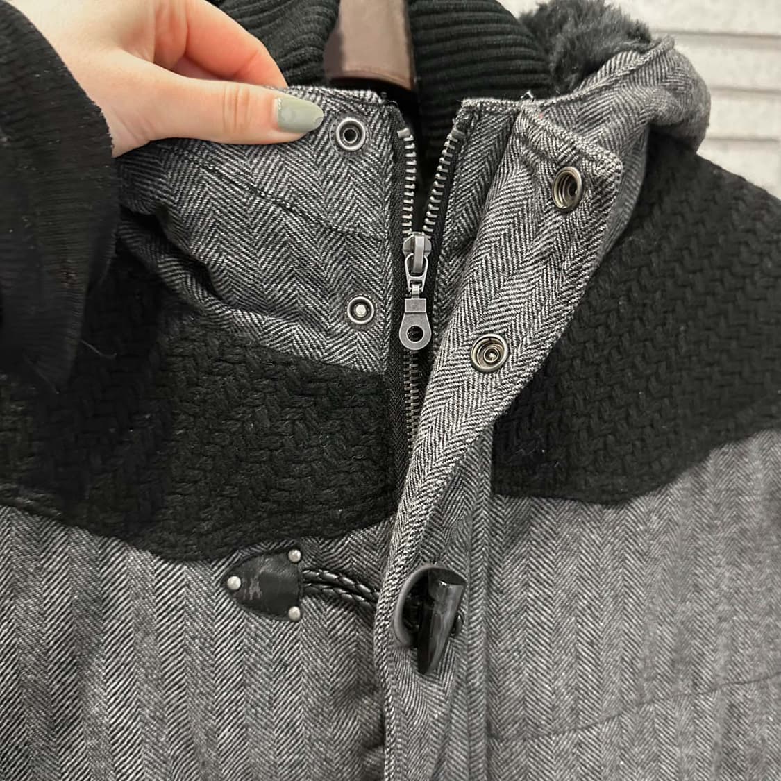 JPN VINTAGE 후드 패딩점퍼 헤링본 패턴 하이넥 디테일 그레이 상품이미지6