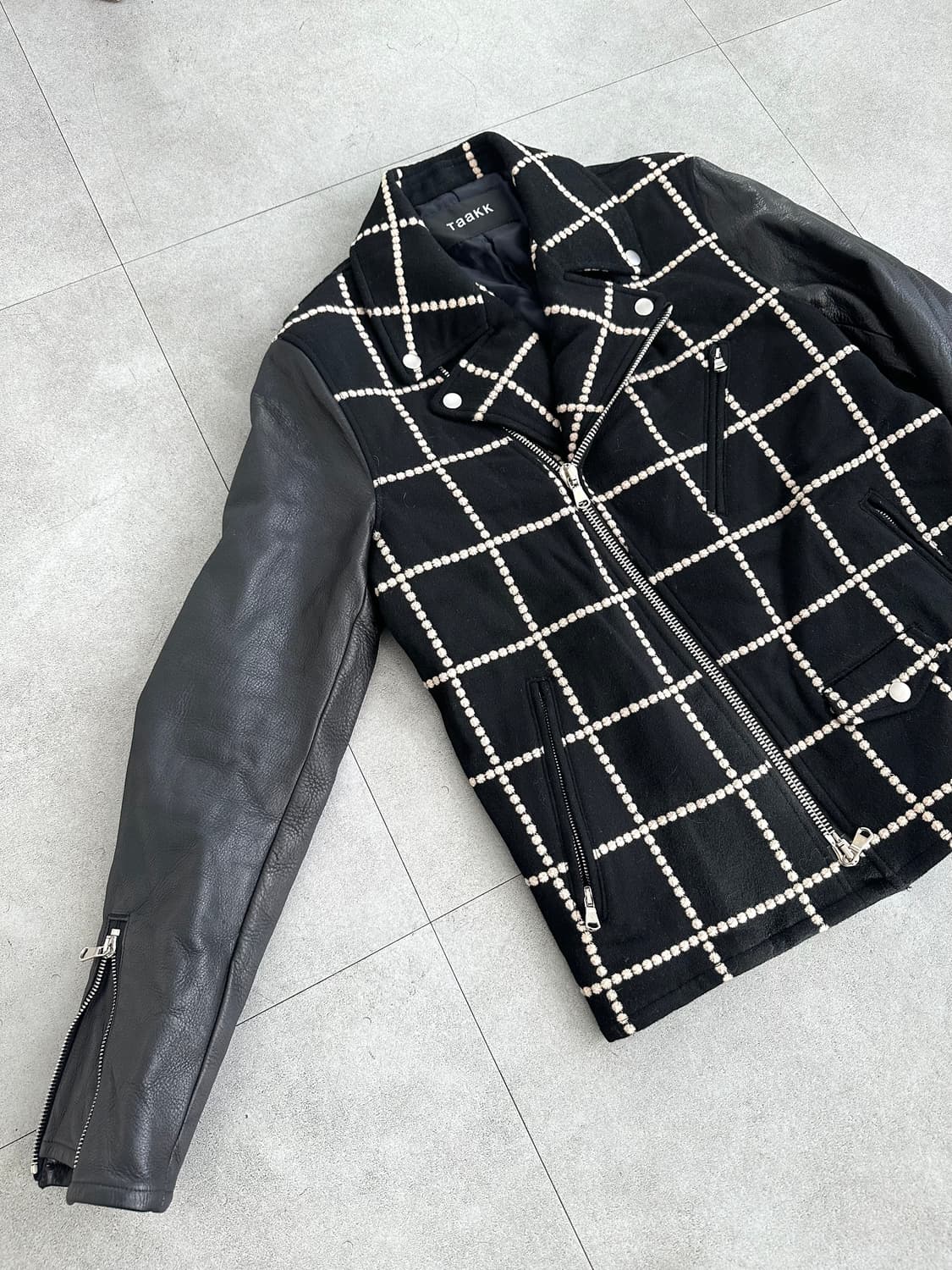 Taakk 타크 자수 체크 레더 라이더 자켓 상품이미지5