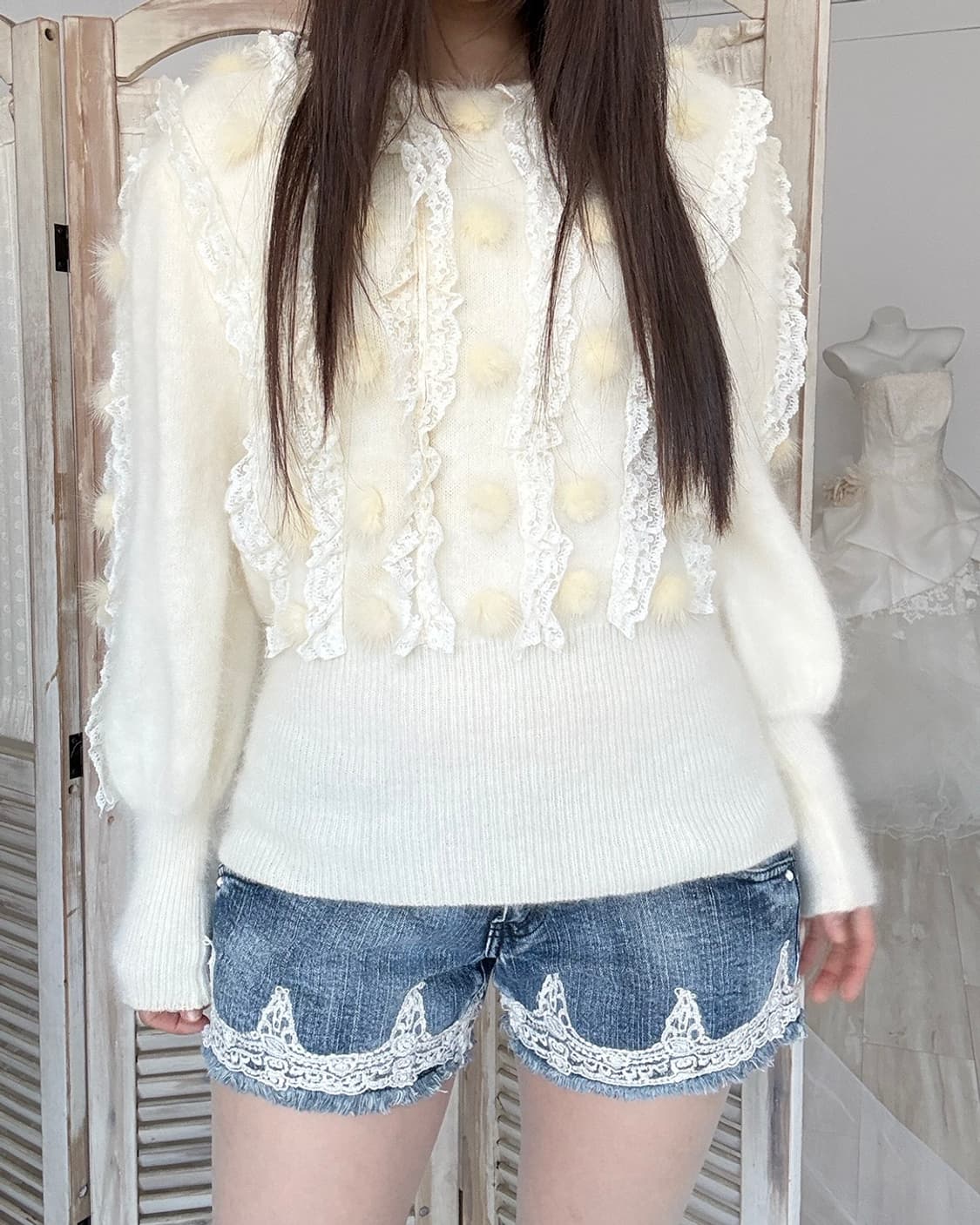 Ivory lace pom pom point angora knit 상품이미지2
