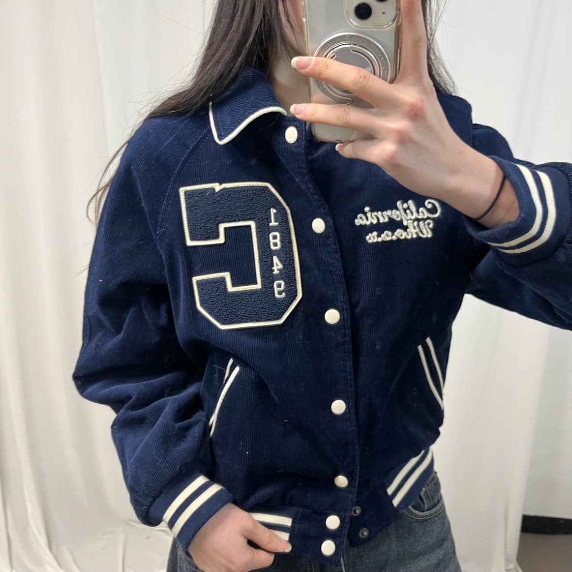 WHO A U Navy Corduroy Varsity Jacket 상품이미지3