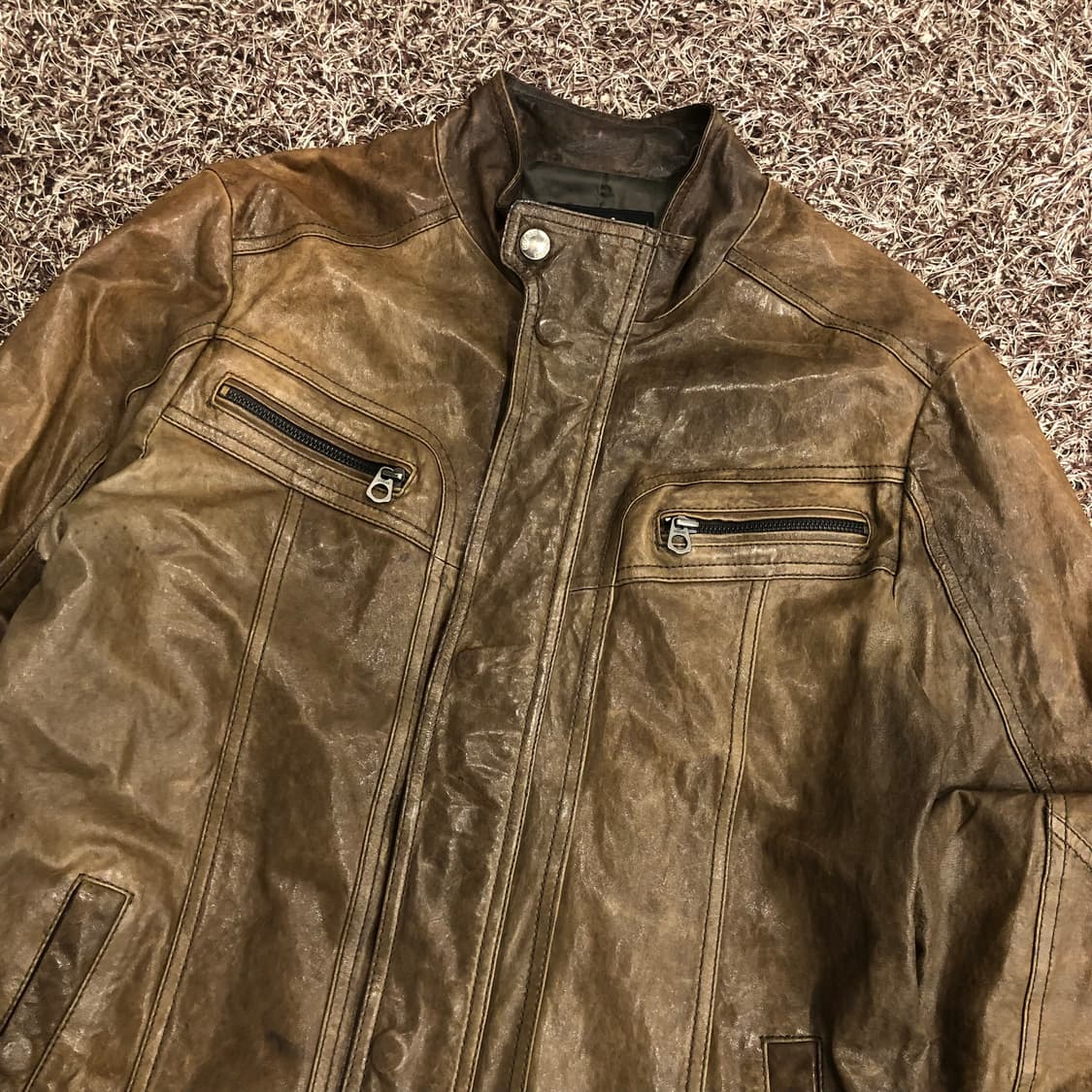 게스 브라운 양가죽 바이커 레더 가죽 블루종 자켓 상품이미지2