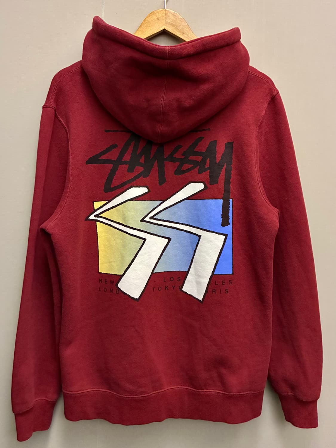 (S/97)Stussy 스투시 SS 큐브 백프린트 후드티셔츠 버건디 상품이미지6