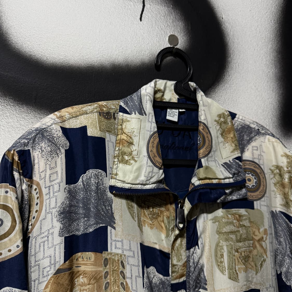 VTG 빈티지 100% 실크 에스닉 바로크 풀 패턴 집업 블루종 자켓 상품이미지3