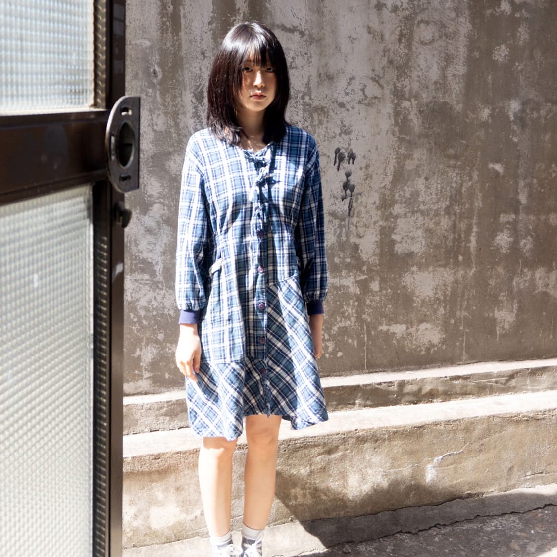 블루 코티지 체크 원피스 상품이미지2