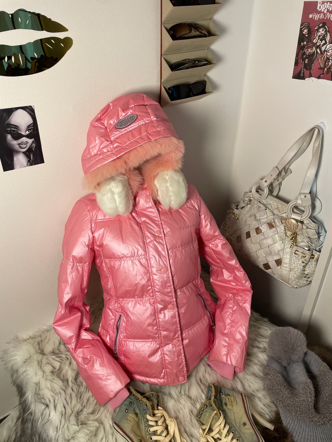 빈티지 엘르 핑크 글로시 퍼 패딩 상품이미지1