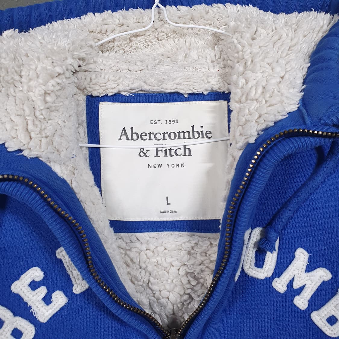 L (100) 아베크롬비 울프죠 양털 쉐르파 후드집업 자켓 블루 희귀 상품이미지5