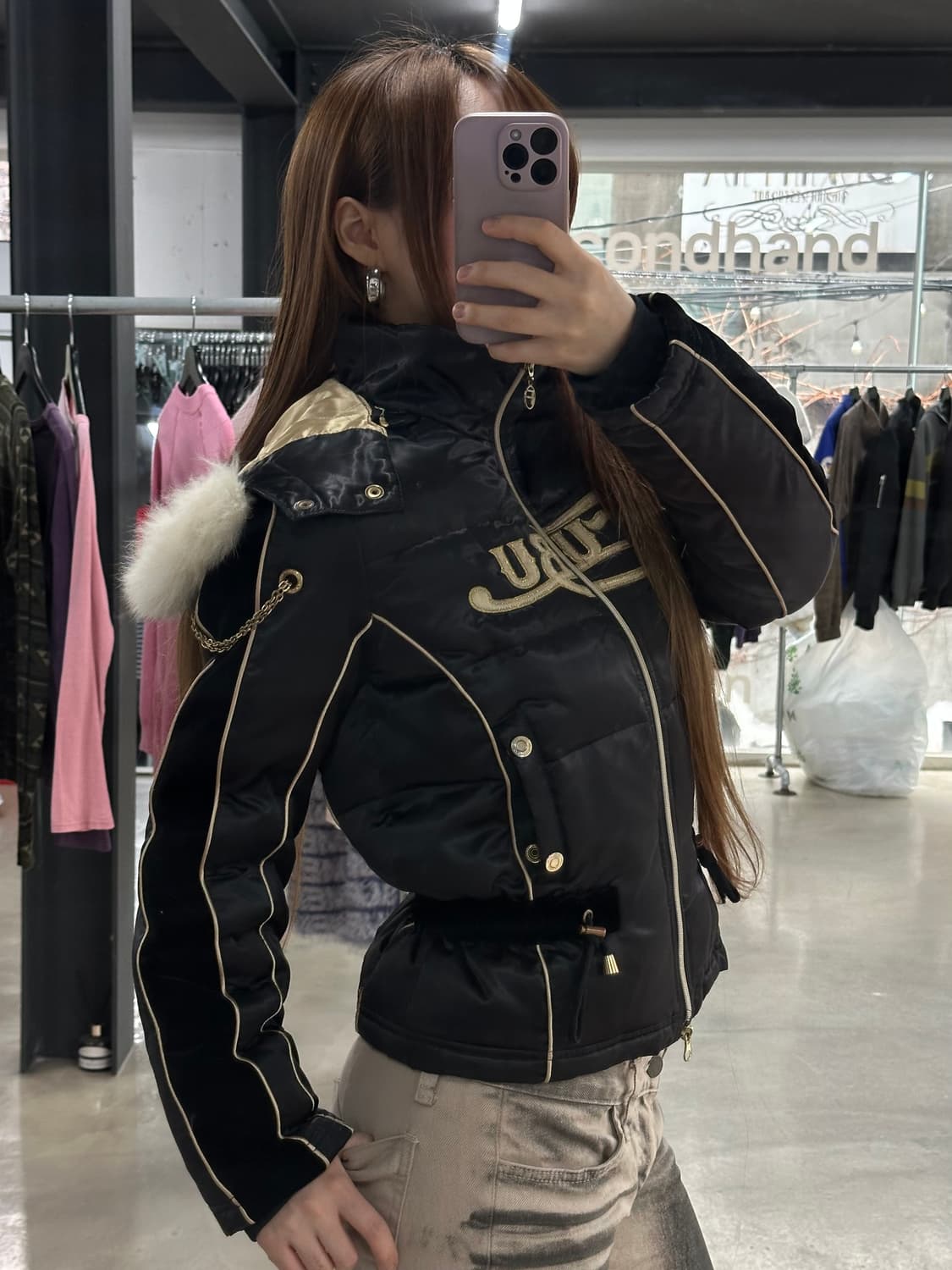 후부 퍼후드 골드체인 갸루 투웨이 패디드 점퍼 상품이미지2