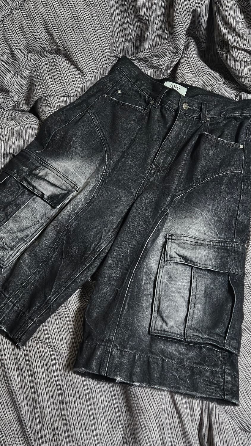 엘무드 카고 와이드 하프 데님 팬츠 크랙블랙46사이즈 상품이미지3