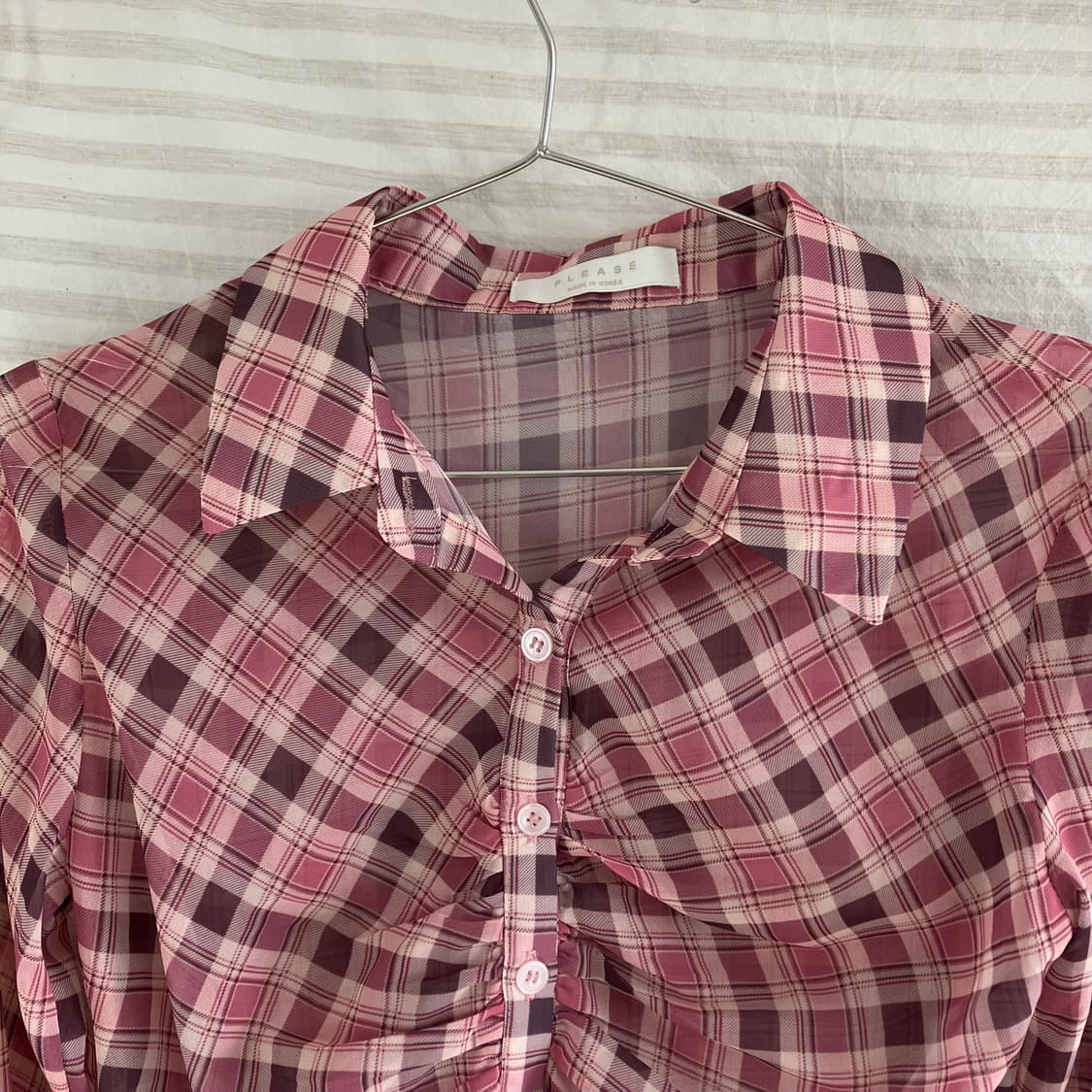 빈티지 딸기 우유 핑크 체크 셔링 크롭 셔츠 979 y2k 스트릿 갸루  상품이미지5
