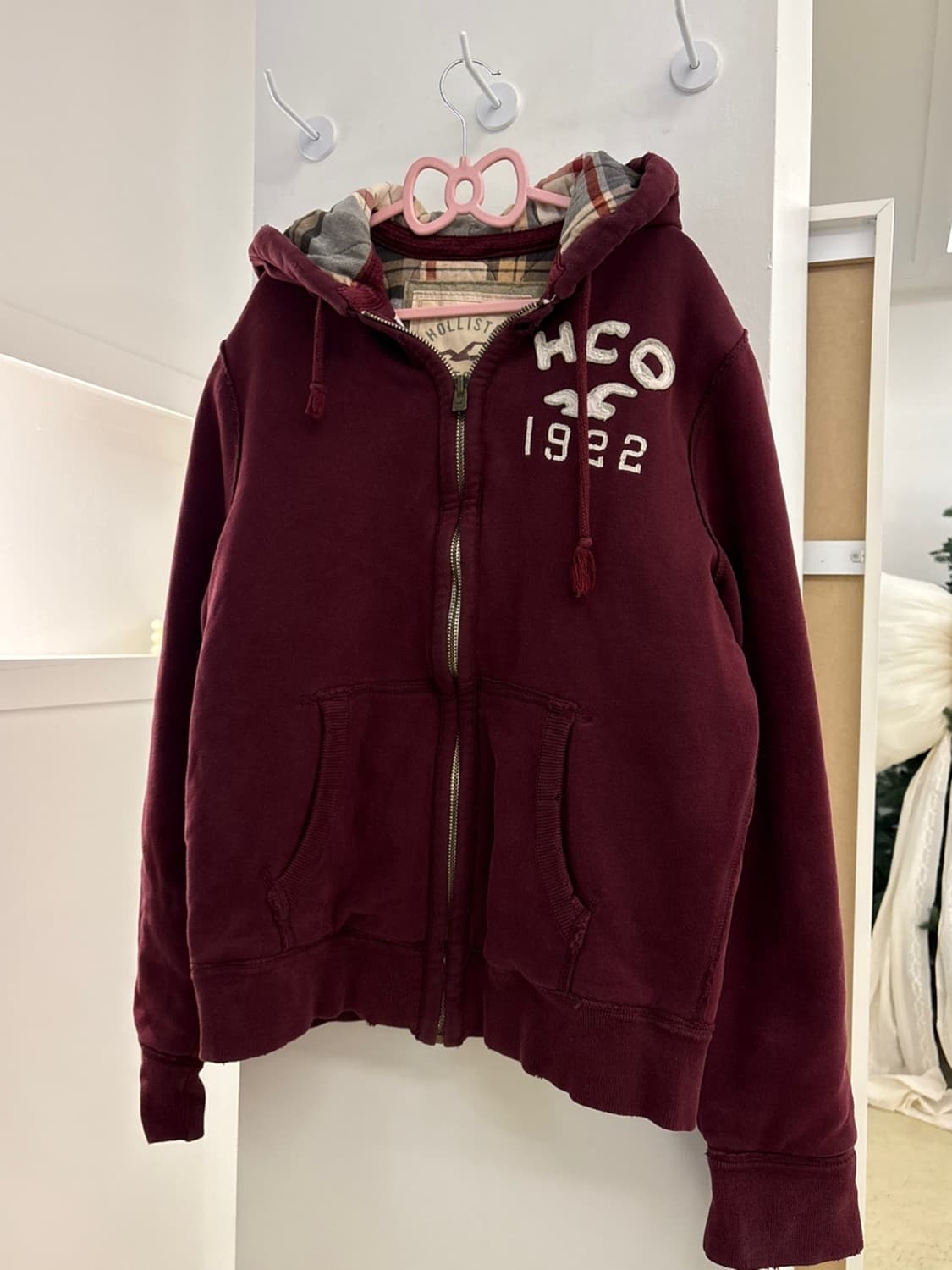 홀리스터 안감 체크 버건디 후드집업 상품이미지3