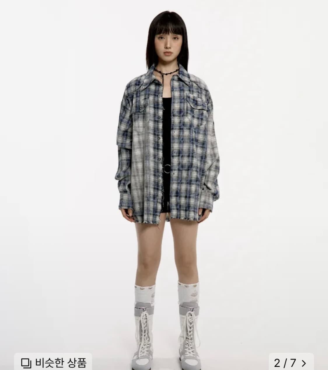 러프넥 워싱체크셔츠 블루 상품이미지2