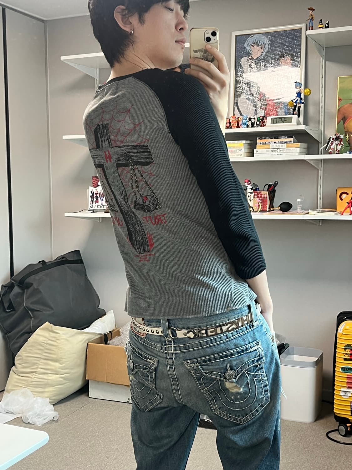 스컬 플라이트 십자가 그래픽 써멀 와플 티셔츠 슬리브 상품이미지6