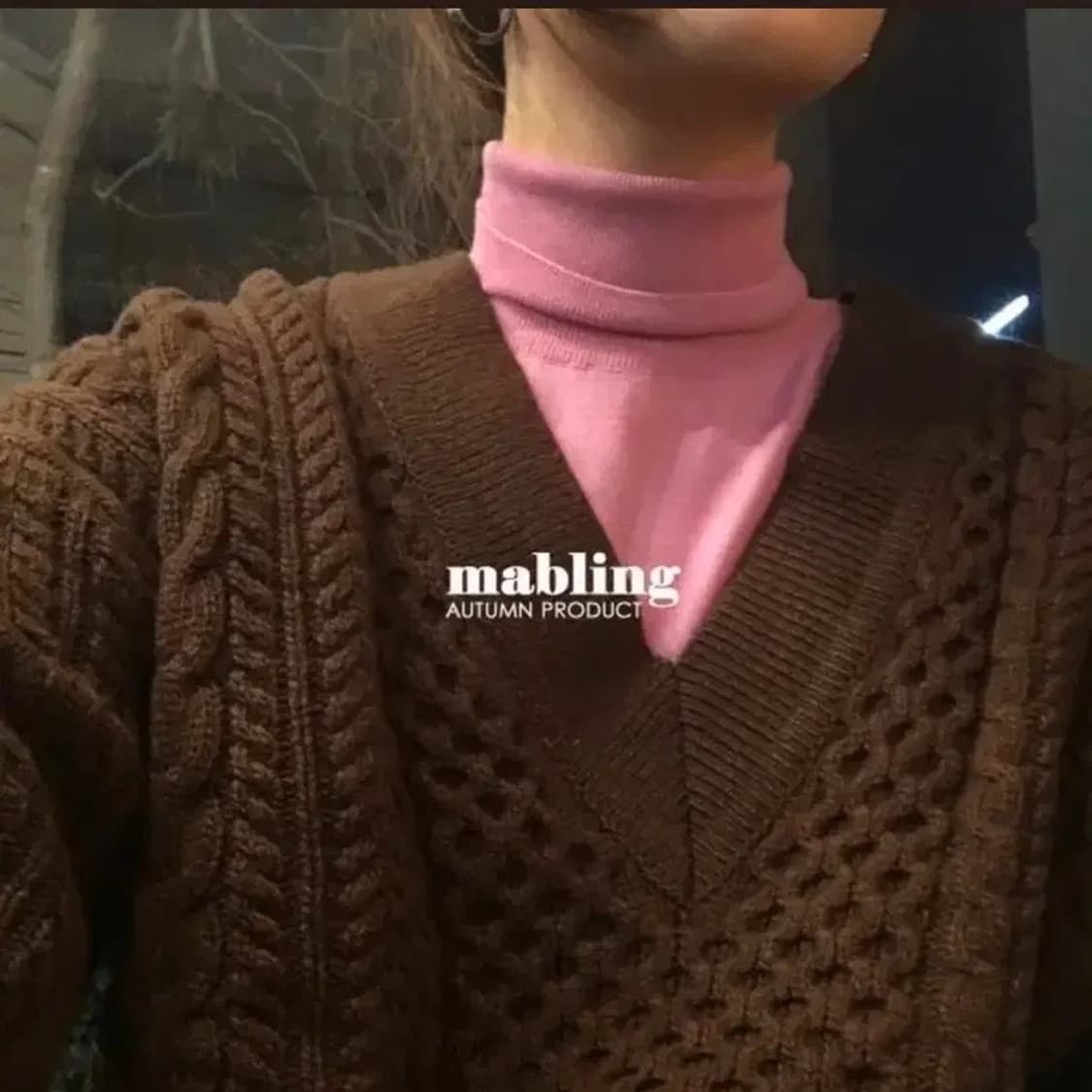 mabling 마블링마켓 케이블 니트 브라운 오버핏 꽈배기 브이넥 상품이미지3