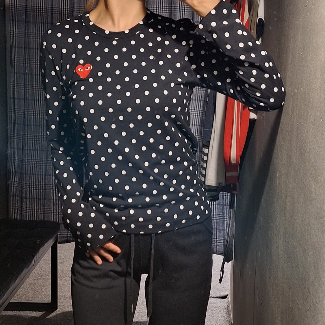 꼼데가르송 플레이 블랙 화이트 도트 땡땡이 하트패치 긴팔 티셔츠 롱슬리브 상품이미지2