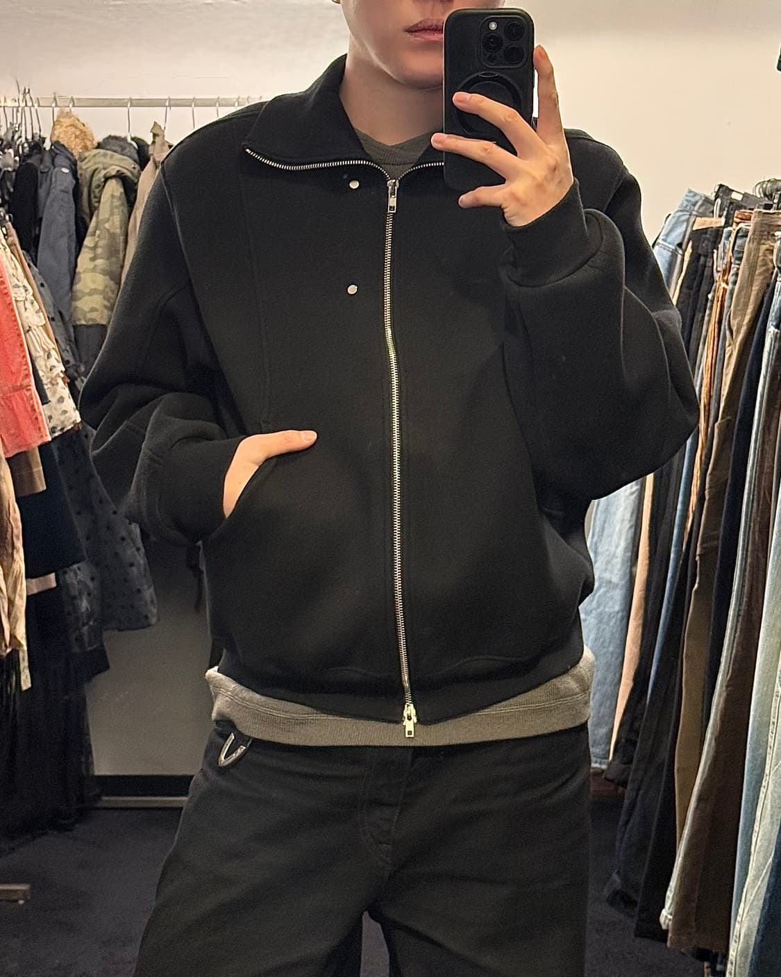 AONE 하이넥 리벳 포인트 블랙 집업 자켓 투웨이 져지 저지 트랙탑 상품이미지1