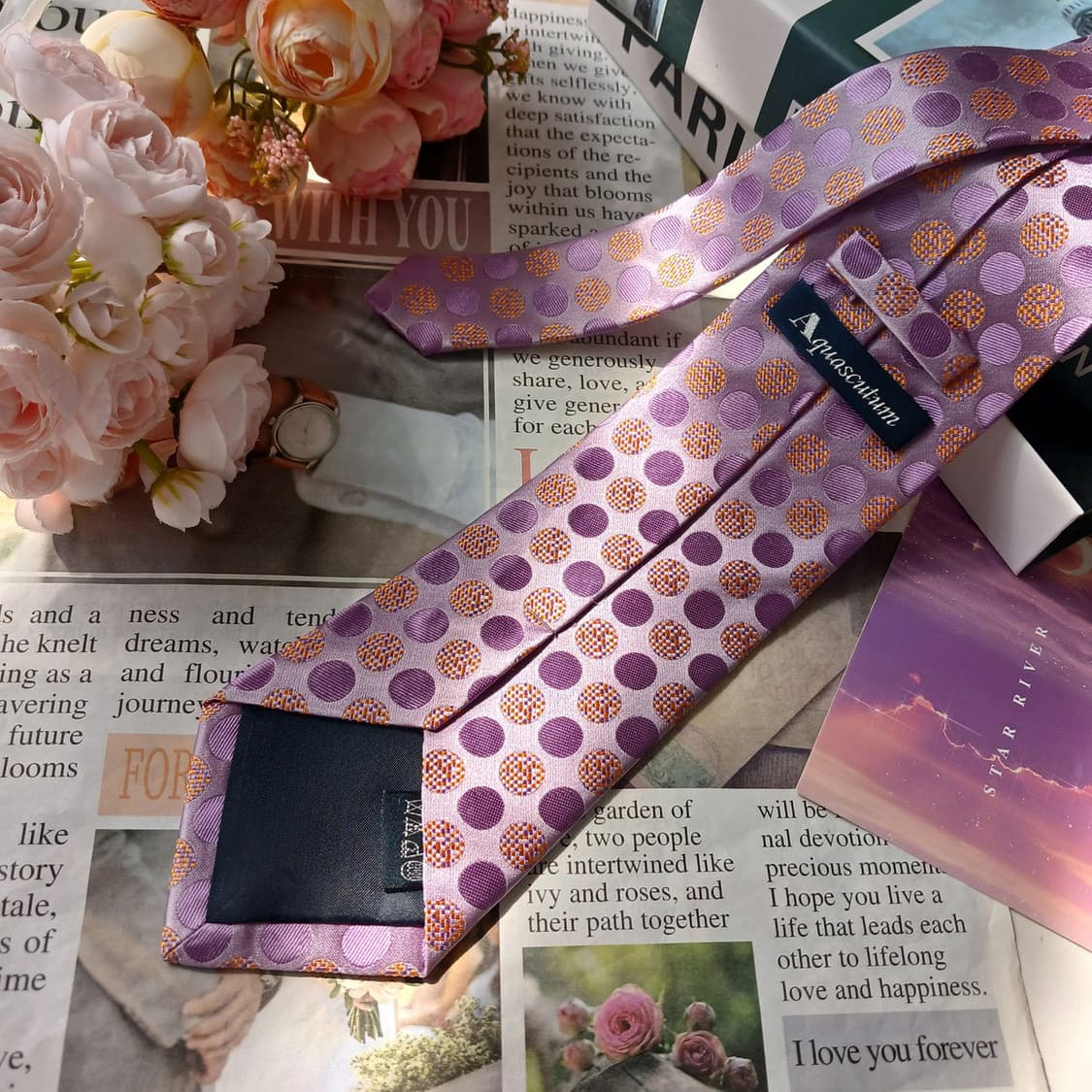 아쿠아스큐텀 퍼플핑크 도트 패턴 넥타이 9.2cm A+등급 E821 상품이미지5