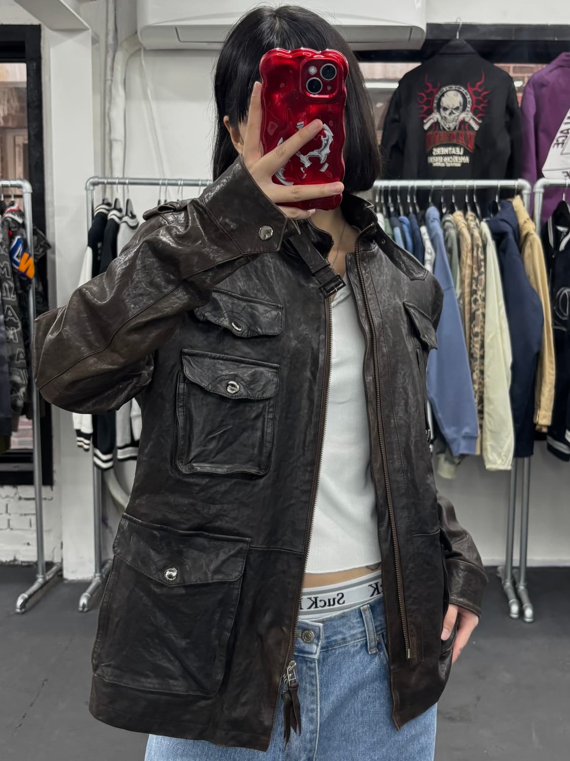 VTG 넥버클 브라운 가죽 자켓 상품이미지2