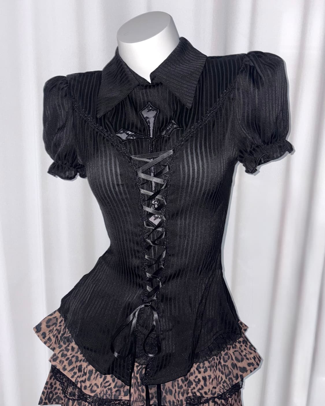 고딕 펑크 쿠로 갸루 프린세스 십자가 레이스 프릴 코르셋 셔츠 블라우스 상품이미지1