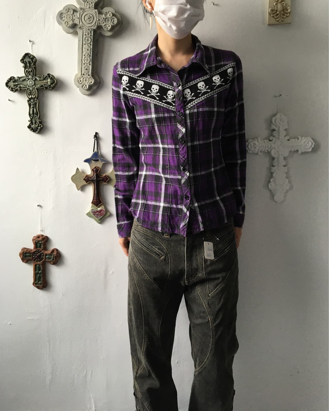 skull line point check pattern shirt 상품이미지7