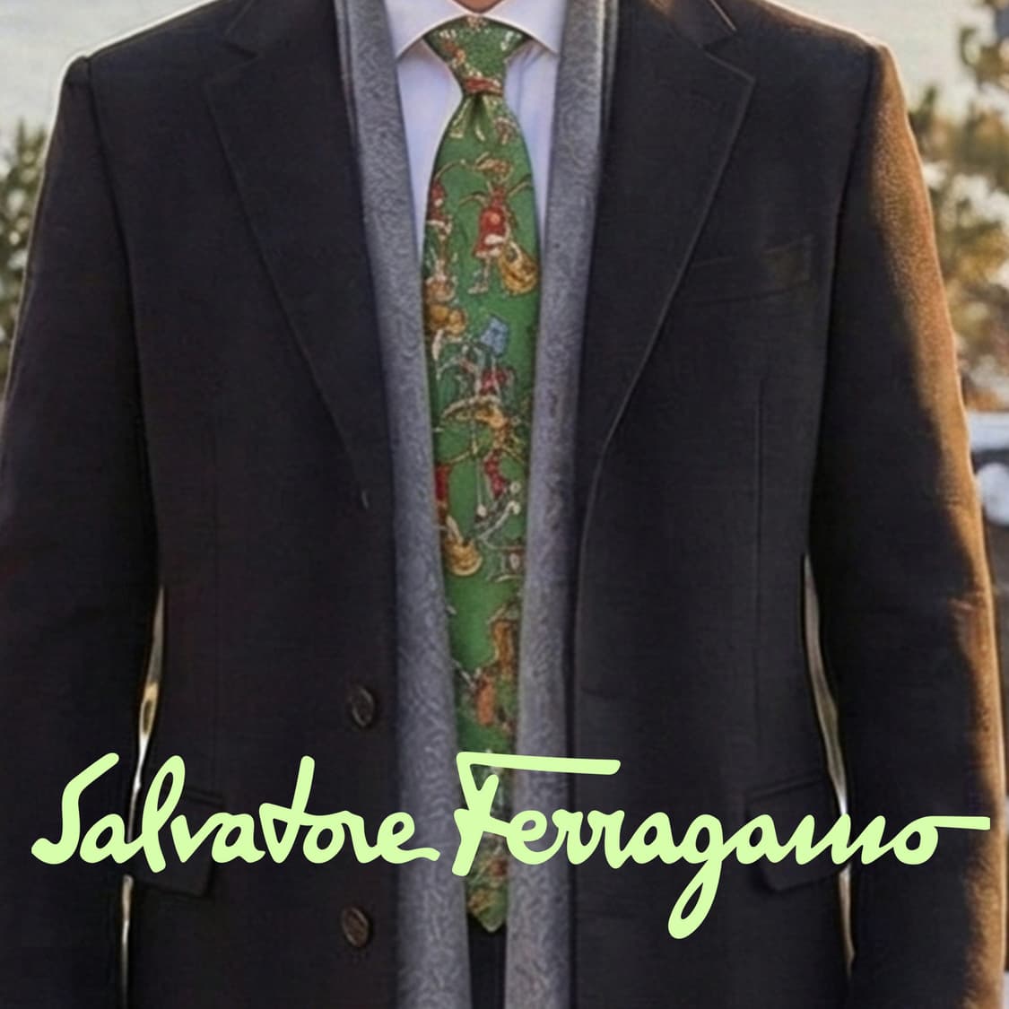 페라가모 실크 다크그린 아트 모티브 넥타이 9.2cm B등급 A19043 상품이미지1