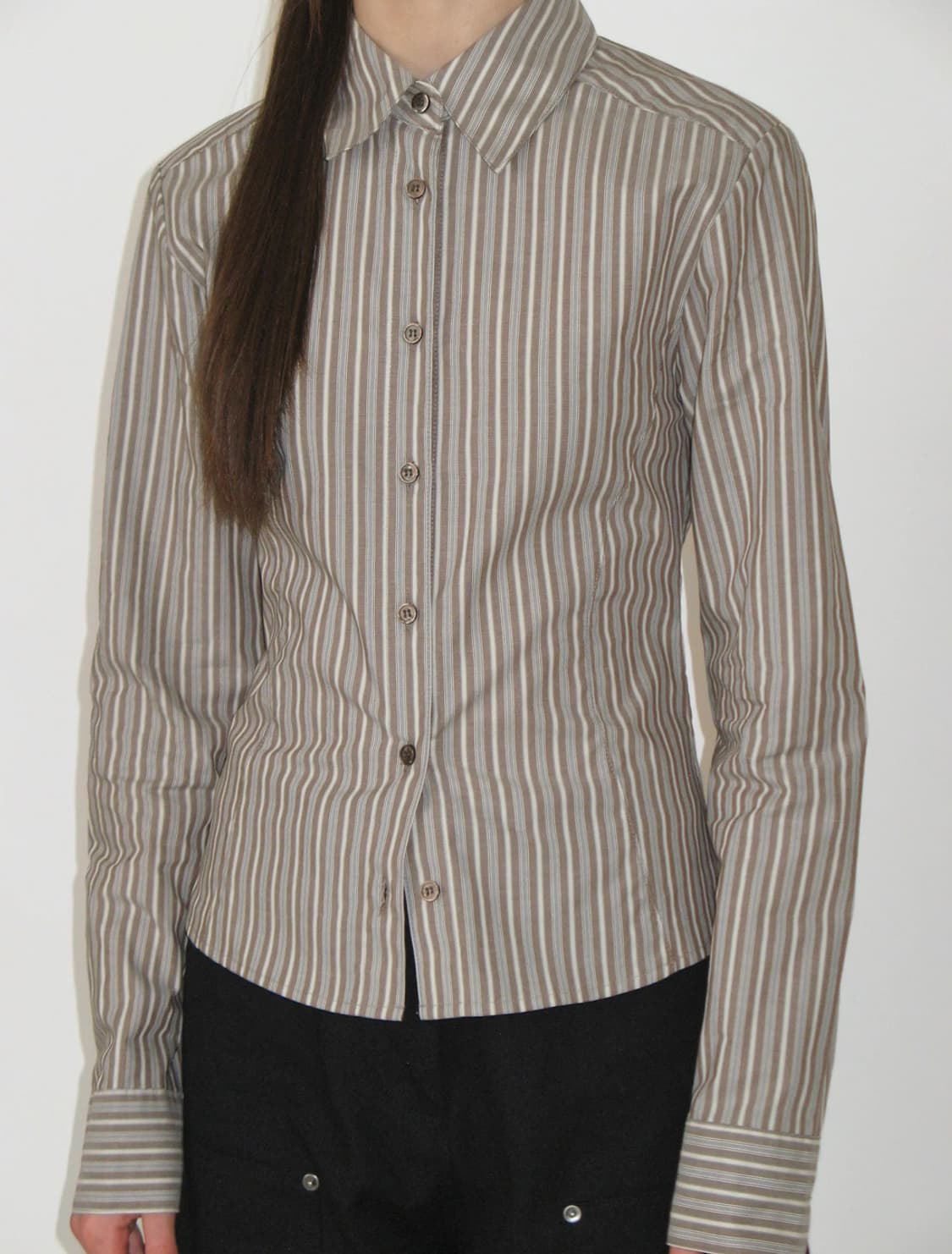썬번프로젝트 Fitted stripe shirt, BROWN 상품이미지2