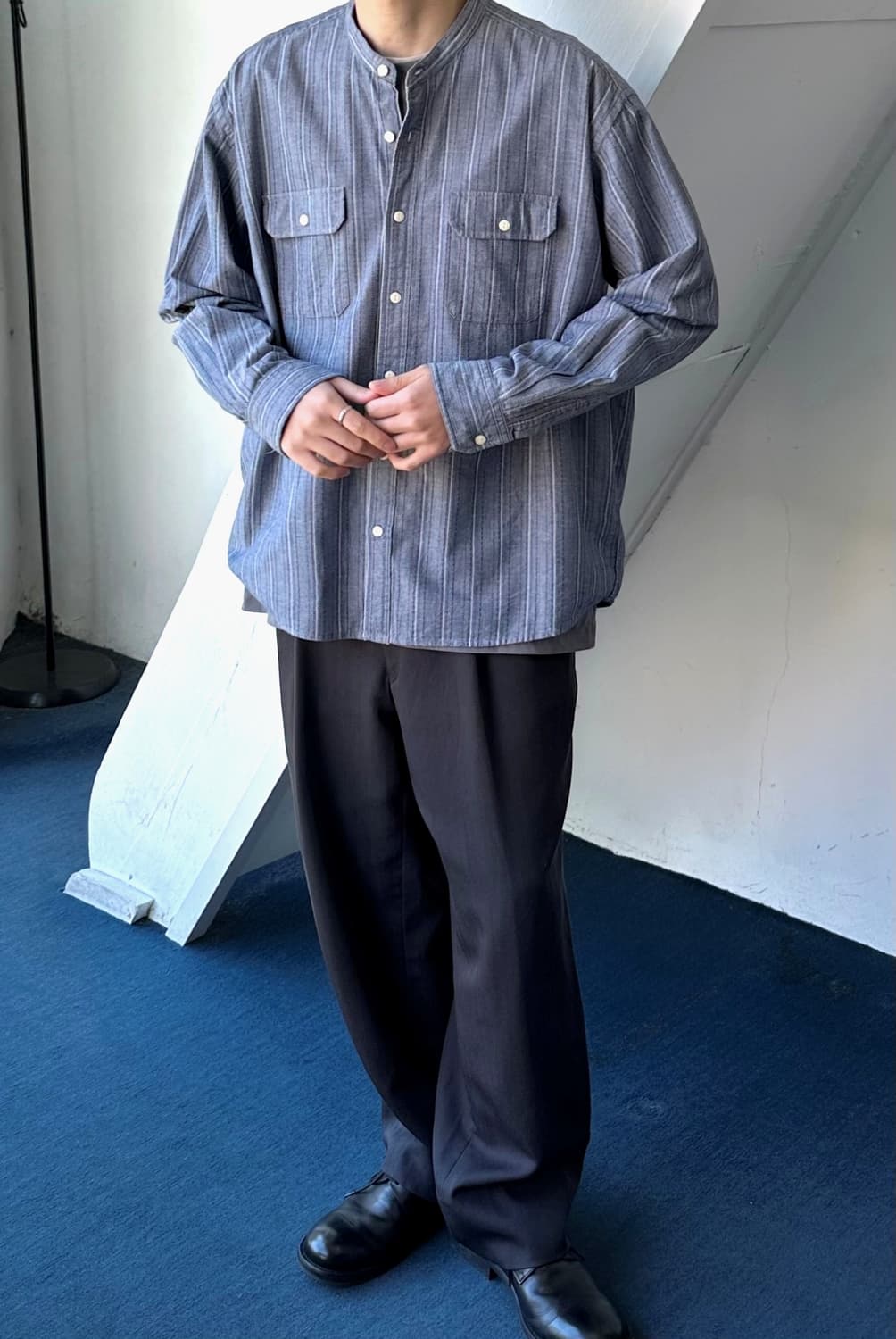 Jacquard stitch cotton stand collar shir 상품이미지9